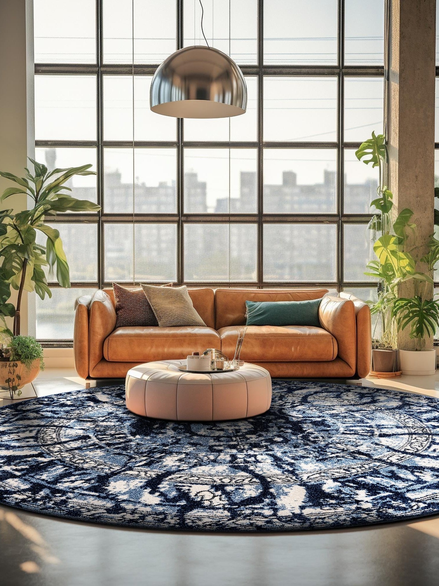 Blue 7' 10 x 7' 10 La Jolla Round Area Rug 100% Polypropylene Traditional Pattern Easy Clean Carpet for Living, Dining, Bedroom, Office for Sale at Rug Engine