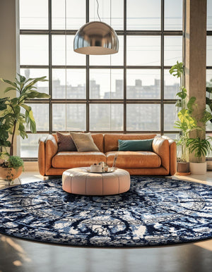 Blue 7' 10 x 7' 10 La Jolla Round Area Rug 100% Polypropylene Traditional Pattern Easy Clean Carpet for Living, Dining, Bedroom, Office for Sale at Rug Engine