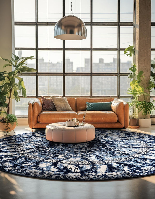 Blue 7' 10 x 7' 10 La Jolla Round Area Rug 100% Polypropylene Traditional Pattern Easy Clean Carpet for Living, Dining, Bedroom, Office for Sale at Rug Engine