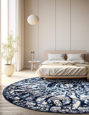 Blue 7' 10 x 7' 10 La Jolla Round Area Rug 100% Polypropylene Traditional Pattern Easy Clean Carpet for Living, Dining, Bedroom, Office for Sale at Rug Engine