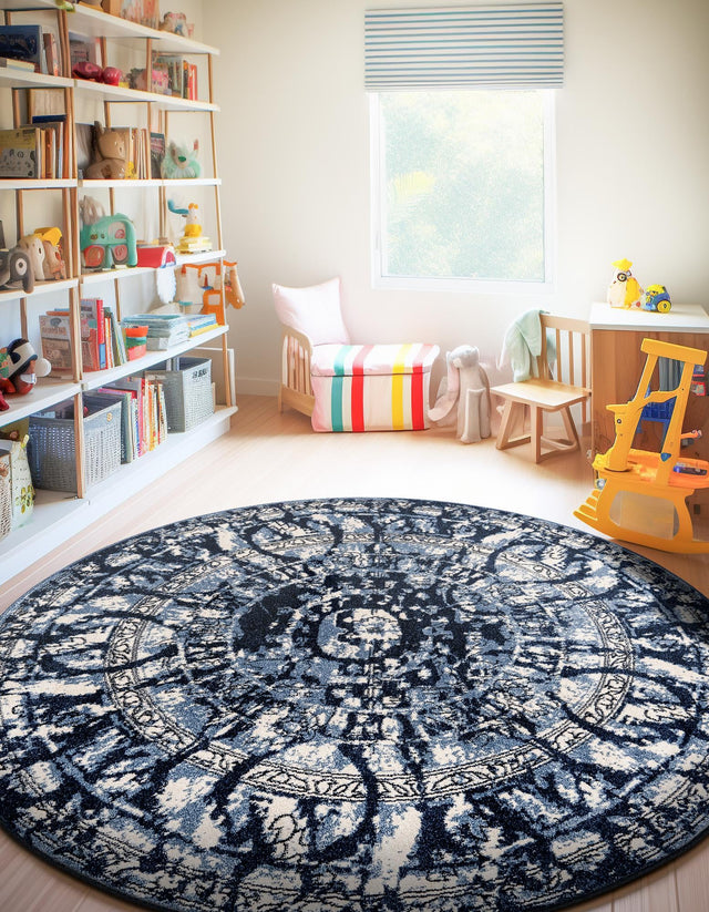 Blue 3' 1 x 3' 1 La Jolla Round Area Rug 100% Polypropylene Traditional Pattern Easy Clean Carpet for Living, Dining, Bedroom, Office for Sale at Rug Engine