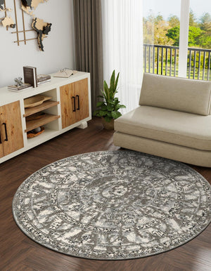 Gray 7' 10 x 7' 10 La Jolla Round Area Rug 100% Polypropylene Traditional Pattern Easy Clean Carpet for Living, Dining, Bedroom, Office for Sale at Rug Engine