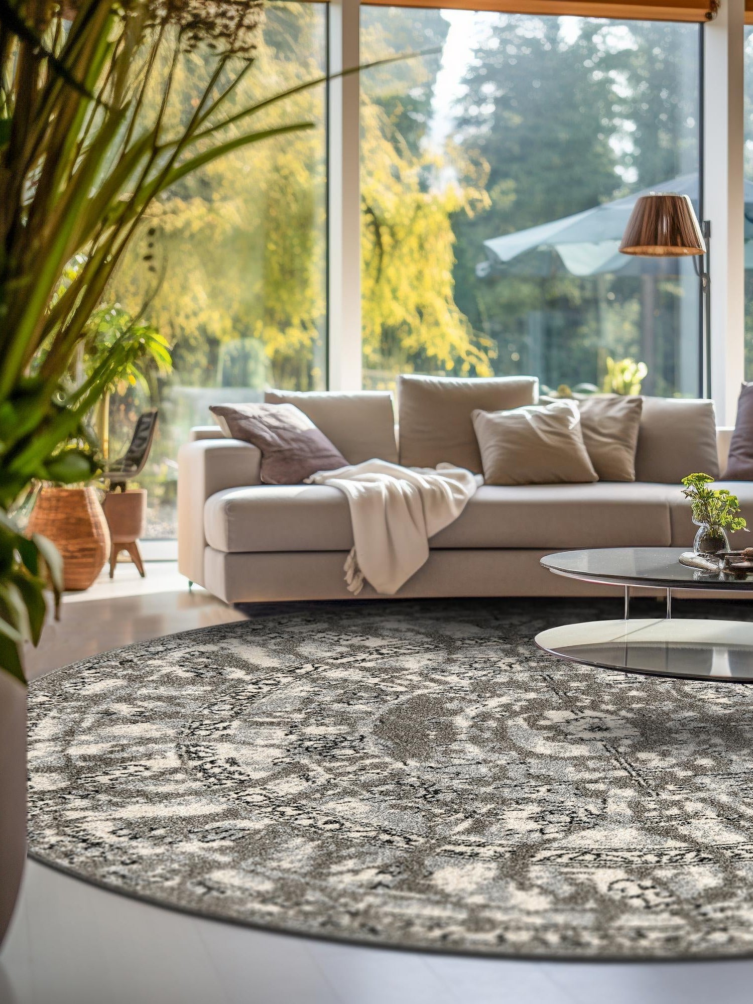 Gray 7' 10 x 7' 10 La Jolla Round Area Rug 100% Polypropylene Traditional Pattern Easy Clean Carpet for Living, Dining, Bedroom, Office for Sale at Rug Engine