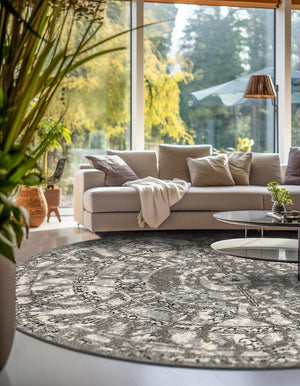 Gray 7' 10 x 7' 10 La Jolla Round Area Rug 100% Polypropylene Traditional Pattern Easy Clean Carpet for Living, Dining, Bedroom, Office for Sale at Rug Engine