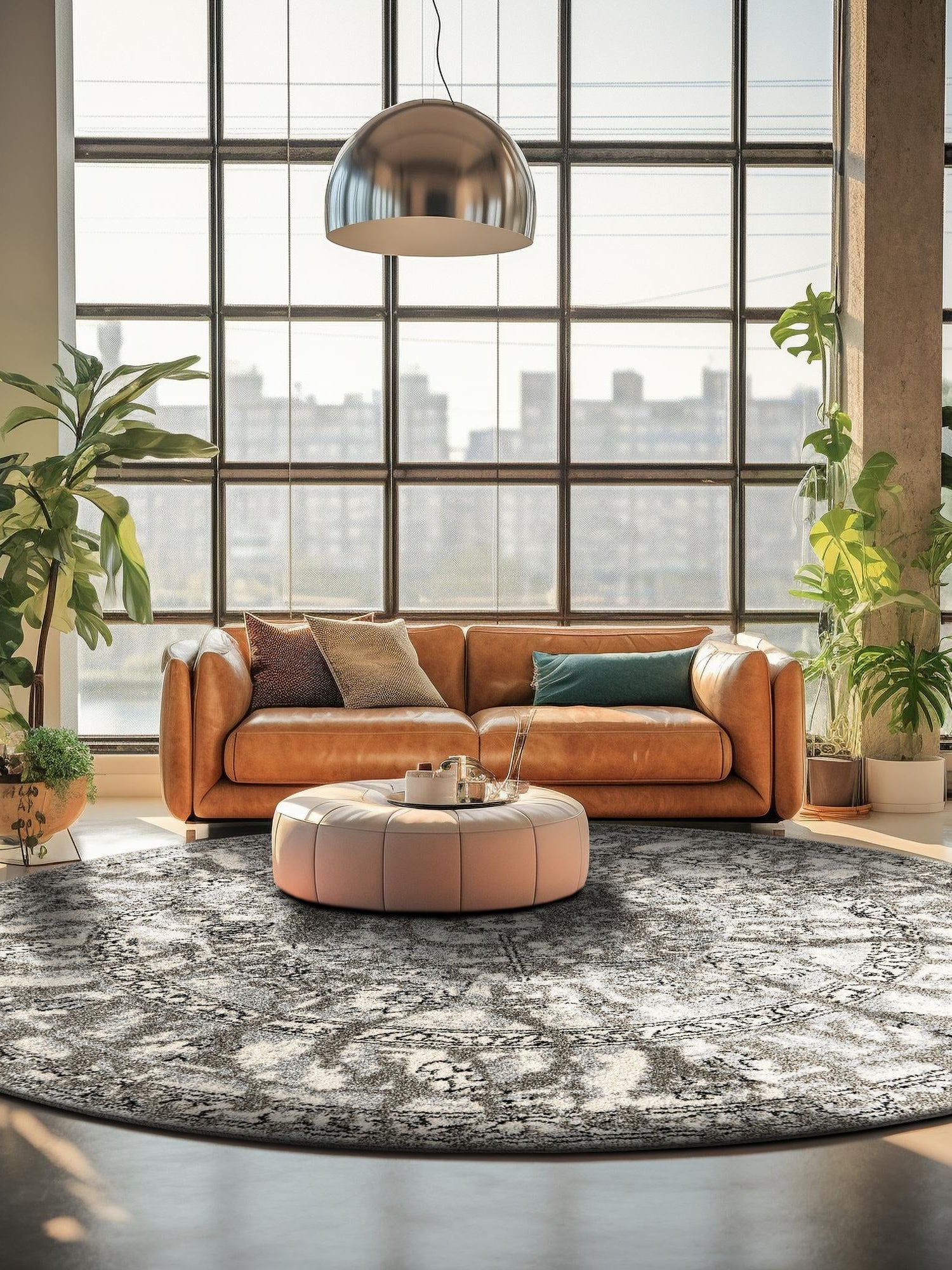 Gray 7' 10 x 7' 10 La Jolla Round Area Rug 100% Polypropylene Traditional Pattern Easy Clean Carpet for Living, Dining, Bedroom, Office for Sale at Rug Engine