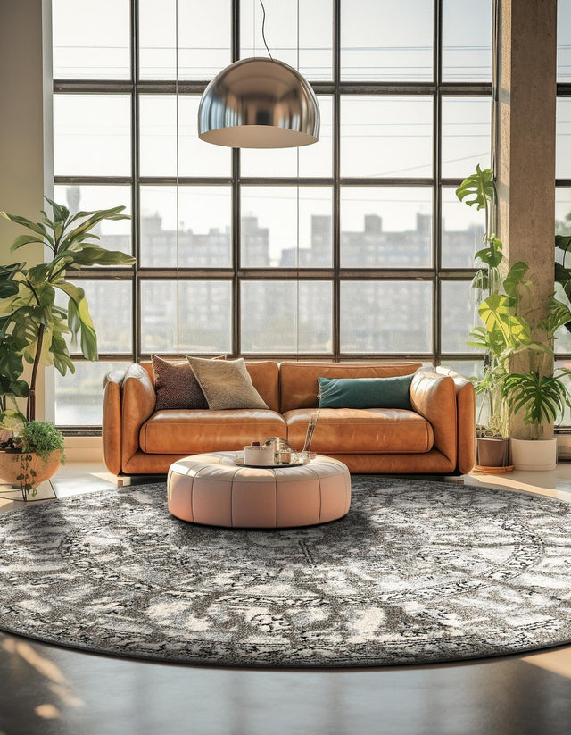 Gray 7' 10 x 7' 10 La Jolla Round Area Rug 100% Polypropylene Traditional Pattern Easy Clean Carpet for Living, Dining, Bedroom, Office for Sale at Rug Engine
