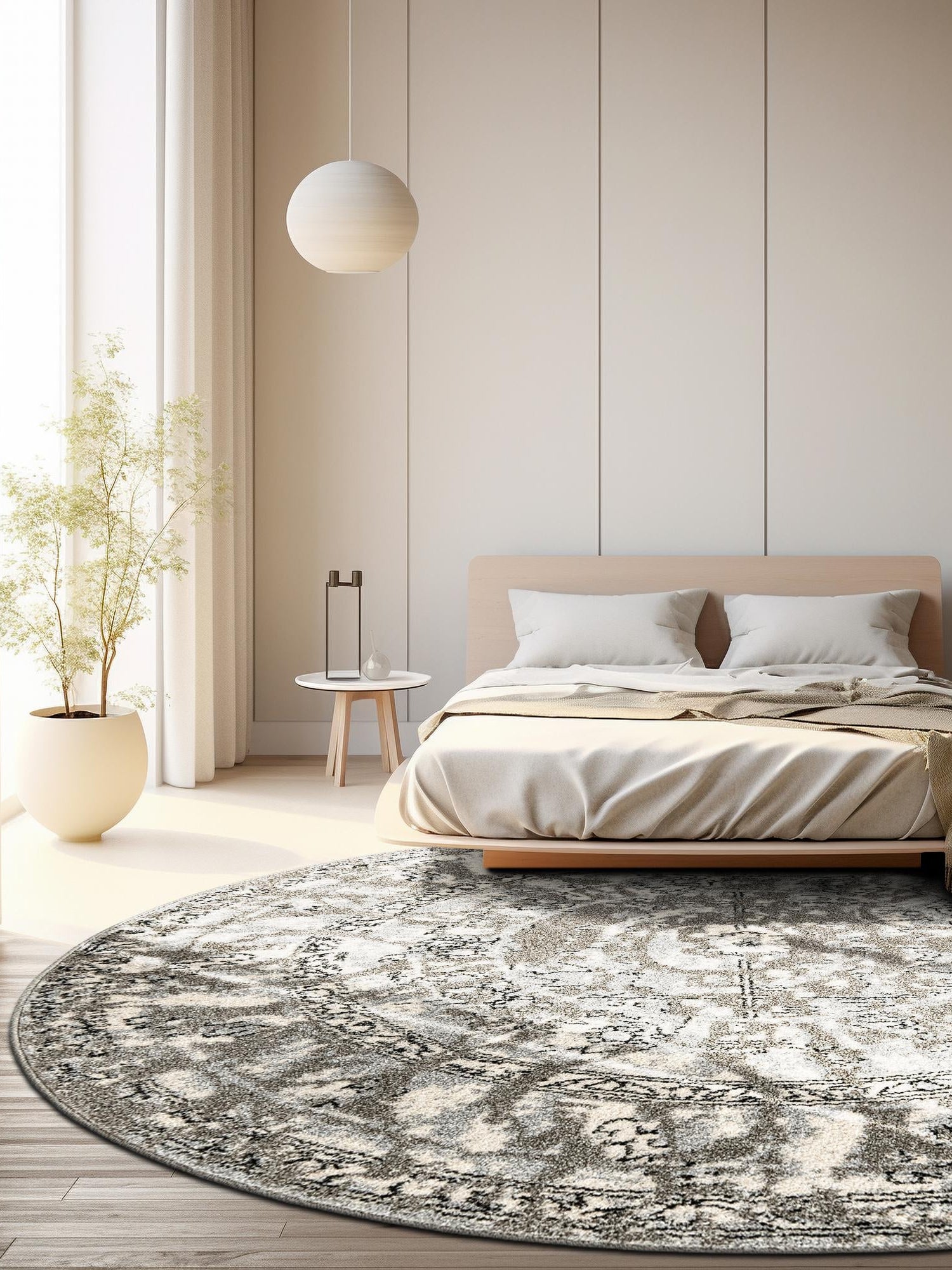 Gray 7' 10 x 7' 10 La Jolla Round Area Rug 100% Polypropylene Traditional Pattern Easy Clean Carpet for Living, Dining, Bedroom, Office for Sale at Rug Engine