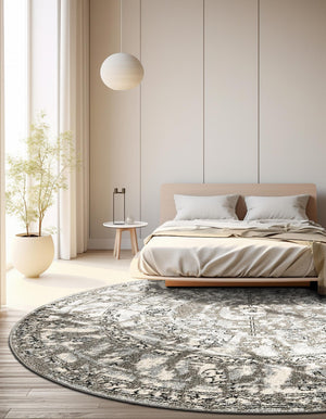 Gray 7' 10 x 7' 10 La Jolla Round Area Rug 100% Polypropylene Traditional Pattern Easy Clean Carpet for Living, Dining, Bedroom, Office for Sale at Rug Engine
