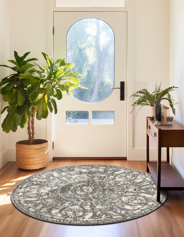 Gray 7' 10 x 7' 10 La Jolla Round Area Rug 100% Polypropylene Traditional Pattern Easy Clean Carpet for Living, Dining, Bedroom, Office for Sale at Rug Engine