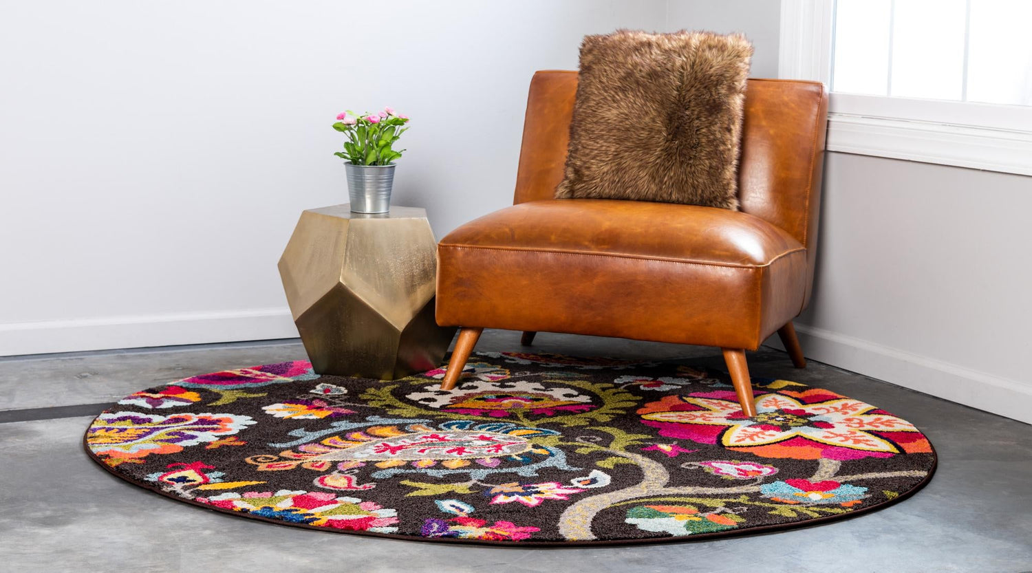 Brown 8' x 8' Estrella Round Area Rug 100% Polypropylene Non-Shedding Stain Resistant Carpet Colorful Modern Abstract Design Easy Clean for Home Decor for Sale at Rug Engine