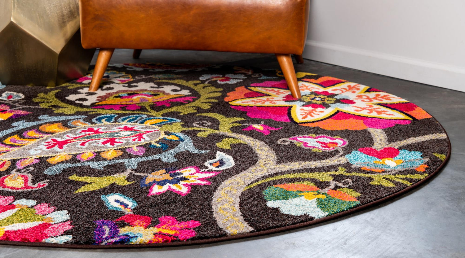 Brown 8' x 8' Estrella Round Area Rug 100% Polypropylene Non-Shedding Stain Resistant Carpet Colorful Modern Abstract Design Easy Clean for Home Decor for Sale at Rug Engine