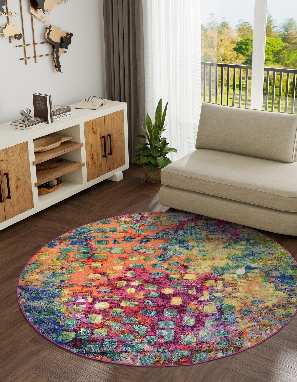 Multicolor 12' 2 x 12' 2 Jardin Round Area Rug 100% Polypropylene With Cotton Backing Colorful & Vivid Modern Carpet for Home Decor for Sale at Rug Engine