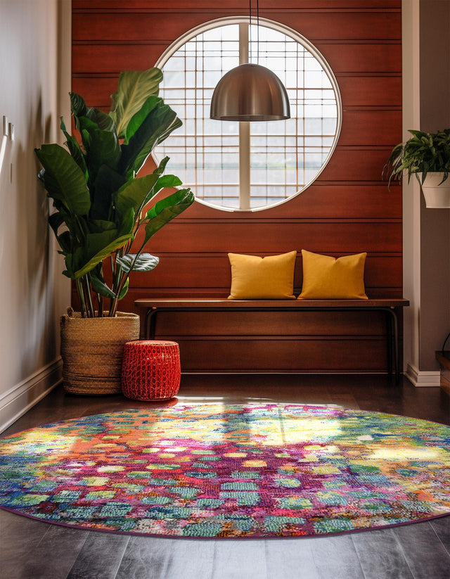 Multicolor 8' x 8' Jardin Round Area Rug 100% Polypropylene With Cotton Backing Colorful & Vivid Modern Carpet for Home Decor for Sale at Rug Engine