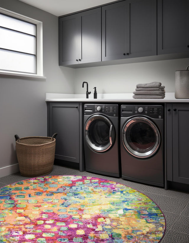 Multicolor 8' x 8' Jardin Round Area Rug 100% Polypropylene With Cotton Backing Colorful & Vivid Modern Carpet for Home Decor for Sale at Rug Engine