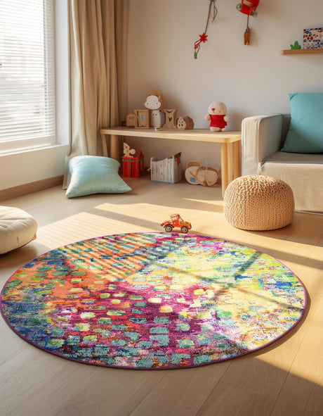 Multicolor 12' 2 x 12' 2 Jardin Round Area Rug 100% Polypropylene With Cotton Backing Colorful & Vivid Modern Carpet for Home Decor for Sale at Rug Engine