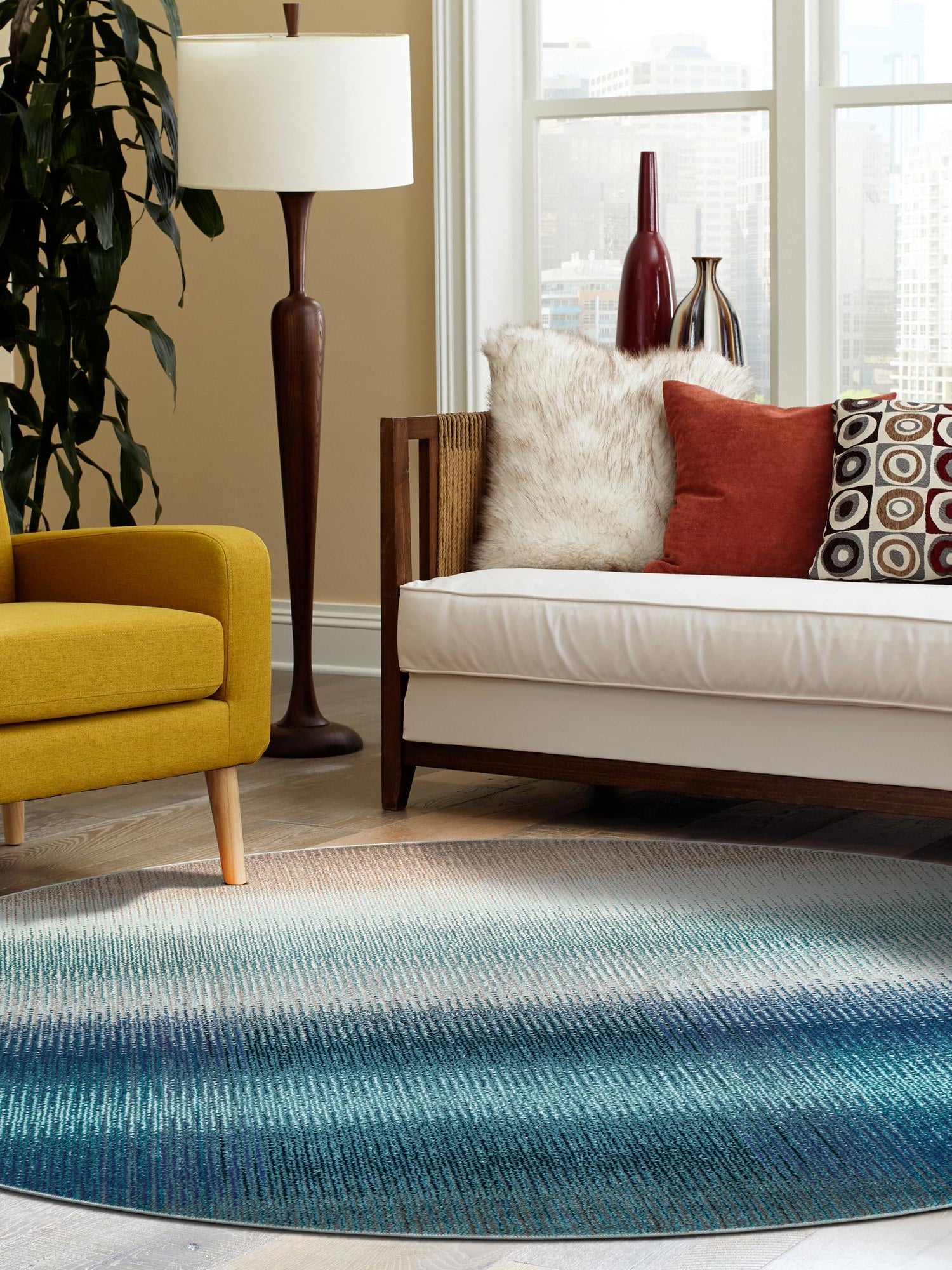 Blue 6' 1 x 6' 1 Estrella Round Area Rug 100% Polypropylene Non-Shedding Stain Resistant Carpet Colorful Modern Abstract Design Easy Clean for Home Decor for Sale at Rug Engine