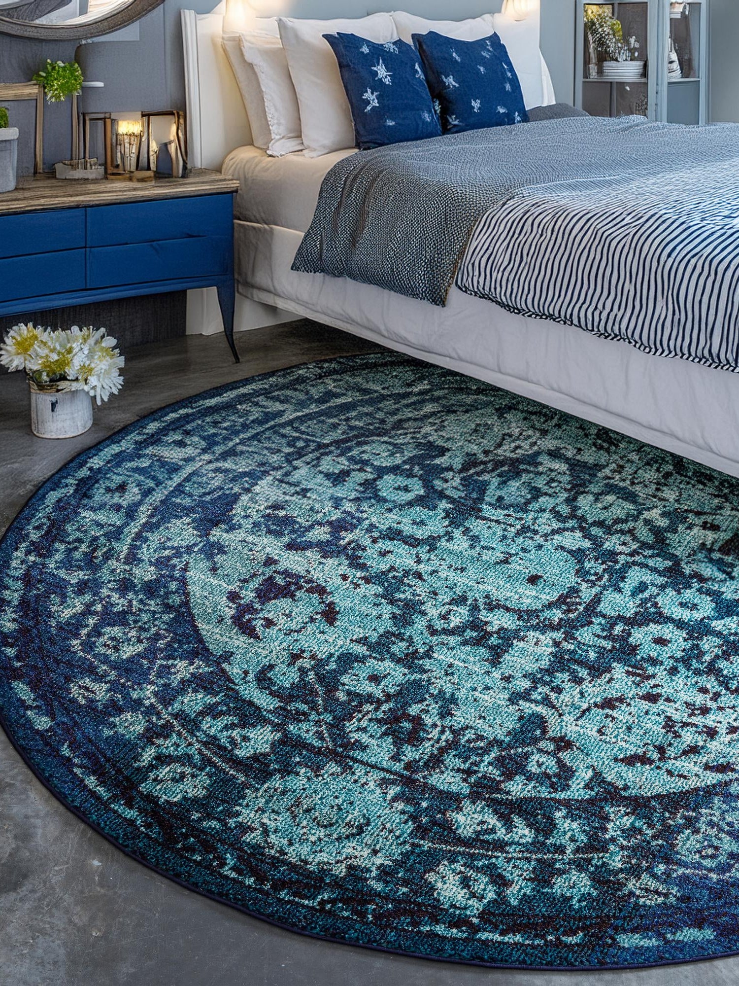 Blue 6' 1 x 6' 1 Medici Round Area Rug 100% Polypropylene Traditional Vintage Classic Carpet for Home Interior Design Decor for Sale at Rug Engine