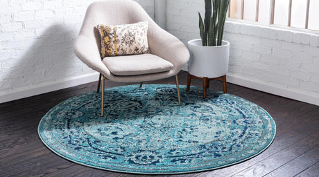 Light Blue 3' 3 x 3' 3 Medici Round Area Rug 100% Polypropylene Traditional Vintage Classic Carpet for Home Interior Design Decor for Sale at Rug Engine
