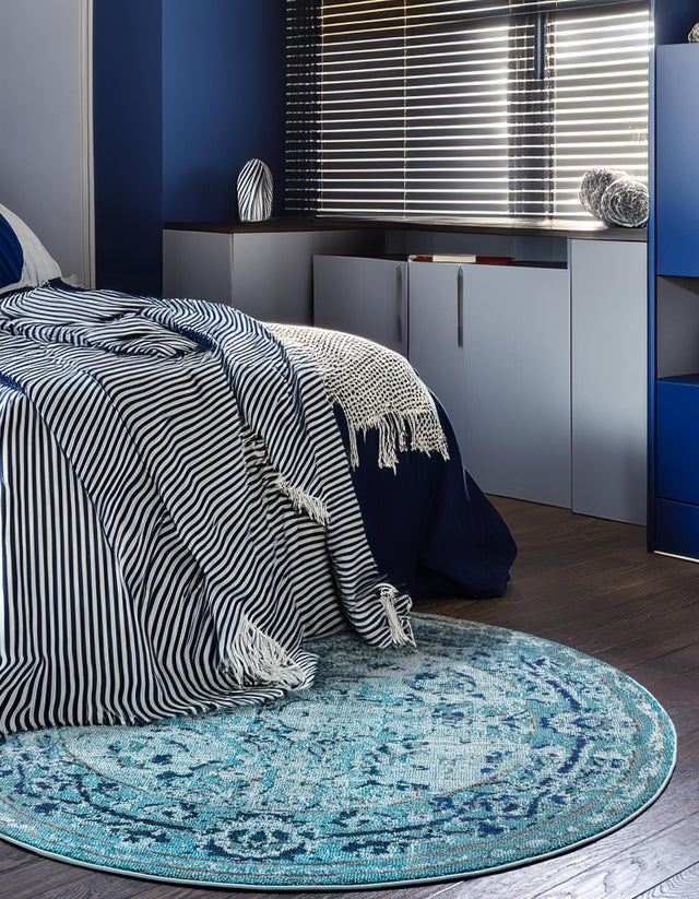 Light Blue 6' 1 x 6' 1 Medici Round Area Rug 100% Polypropylene Traditional Vintage Classic Carpet for Home Interior Design Decor for Sale at Rug Engine