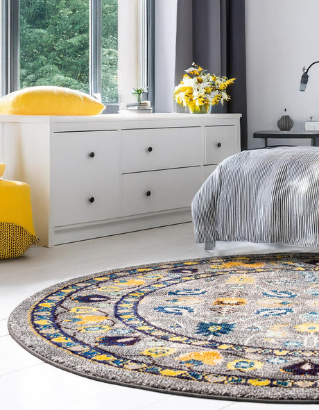 Gray 8' x 8' Medici Round Area Rug 100% Polypropylene Traditional Vintage Classic Carpet for Home Interior Design Decor for Sale at Rug Engine