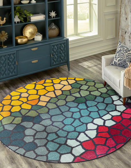 Multicolor 8' x 8' Estrella Round Area Rug 100% Polypropylene Non-Shedding Stain Resistant Carpet Colorful Modern Abstract Design Easy Clean for Home Decor for Sale at Rug Engine