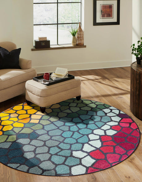 Multicolor 8' x 8' Estrella Round Area Rug 100% Polypropylene Non-Shedding Stain Resistant Carpet Colorful Modern Abstract Design Easy Clean for Home Decor for Sale at Rug Engine