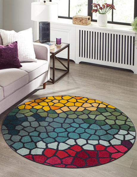 Multicolor 8' x 8' Estrella Round Area Rug 100% Polypropylene Non-Shedding Stain Resistant Carpet Colorful Modern Abstract Design Easy Clean for Home Decor for Sale at Rug Engine