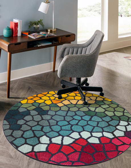 Multicolor 8' x 8' Estrella Round Area Rug 100% Polypropylene Non-Shedding Stain Resistant Carpet Colorful Modern Abstract Design Easy Clean for Home Decor for Sale at Rug Engine