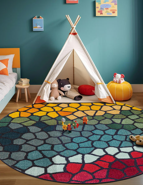 Multicolor 8' x 8' Estrella Round Area Rug 100% Polypropylene Non-Shedding Stain Resistant Carpet Colorful Modern Abstract Design Easy Clean for Home Decor for Sale at Rug Engine