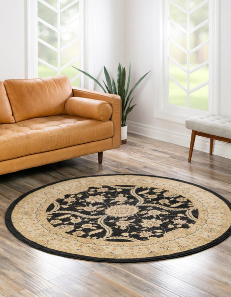 Black 6' 1 x 6' 1 Edinburgh Round Area Rug 100% Polypropylene Easy Clean With Cotton Backing Traditional Classic Design Carpet for Living, Dining Room, Office for Sale at Rug Engine