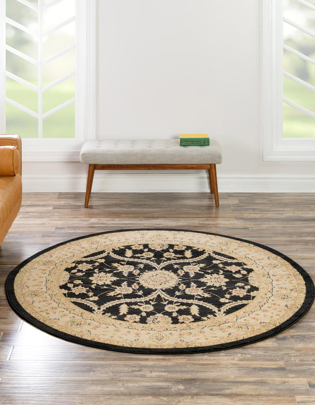 Black 8' x 8' Edinburgh Round Area Rug 100% Polypropylene Easy Clean With Cotton Backing Traditional Classic Design Carpet for Living, Dining Room, Office for Sale at Rug Engine