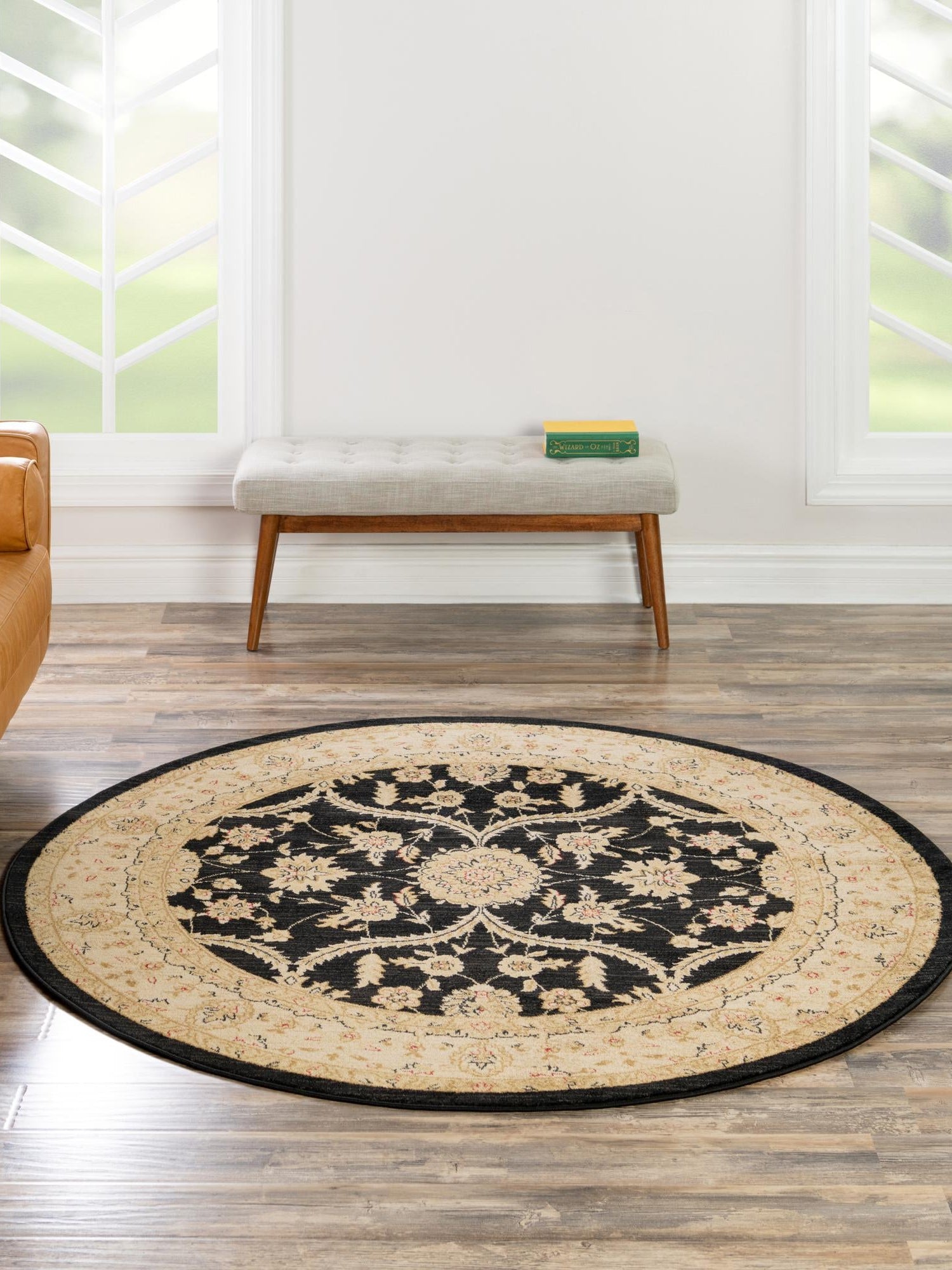 Black 6' 1 x 6' 1 Edinburgh Round Area Rug 100% Polypropylene Easy Clean With Cotton Backing Traditional Classic Design Carpet for Living, Dining Room, Office for Sale at Rug Engine
