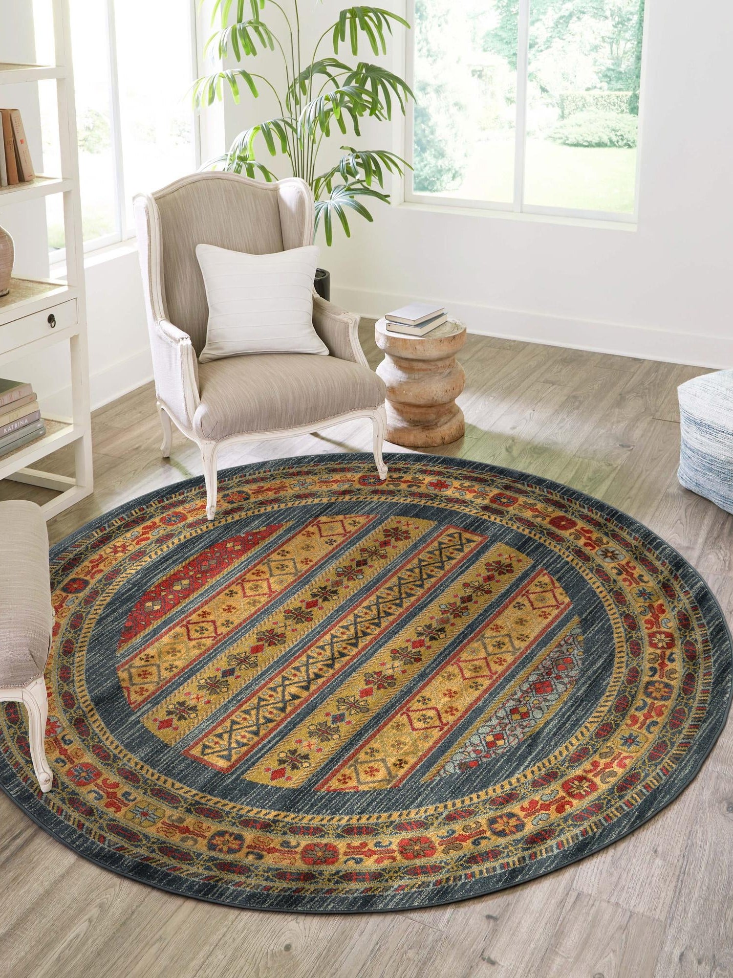 Blue 7' 10 x 7' 10 Fars Round Area Rug 100% Polypropylene Unique Traditional Carpet for Classical Living, Dining Room & Office Spaces for Sale at Rug Engine