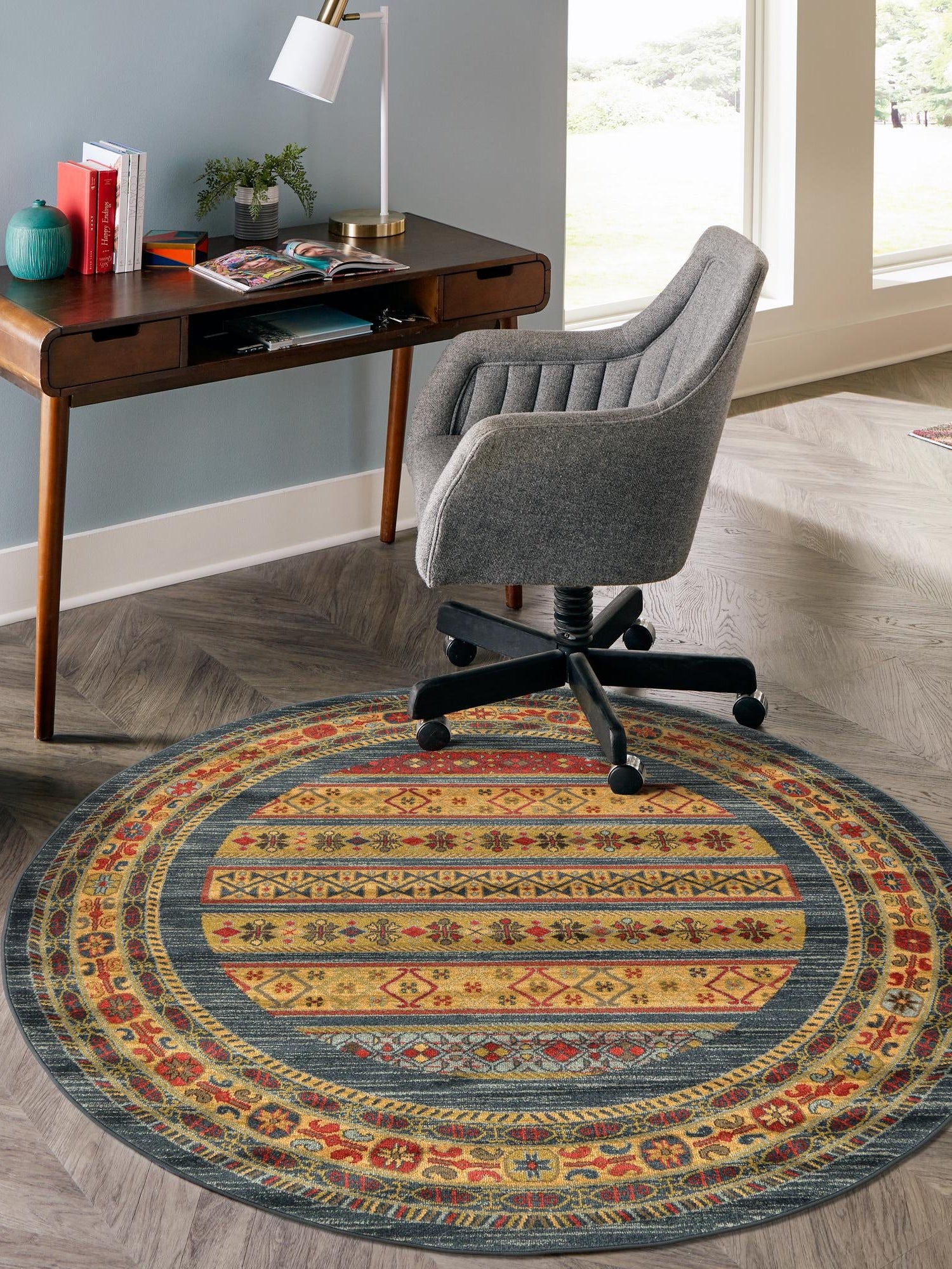 Blue 7' 10 x 7' 10 Fars Round Area Rug 100% Polypropylene Unique Traditional Carpet for Classical Living, Dining Room & Office Spaces for Sale at Rug Engine