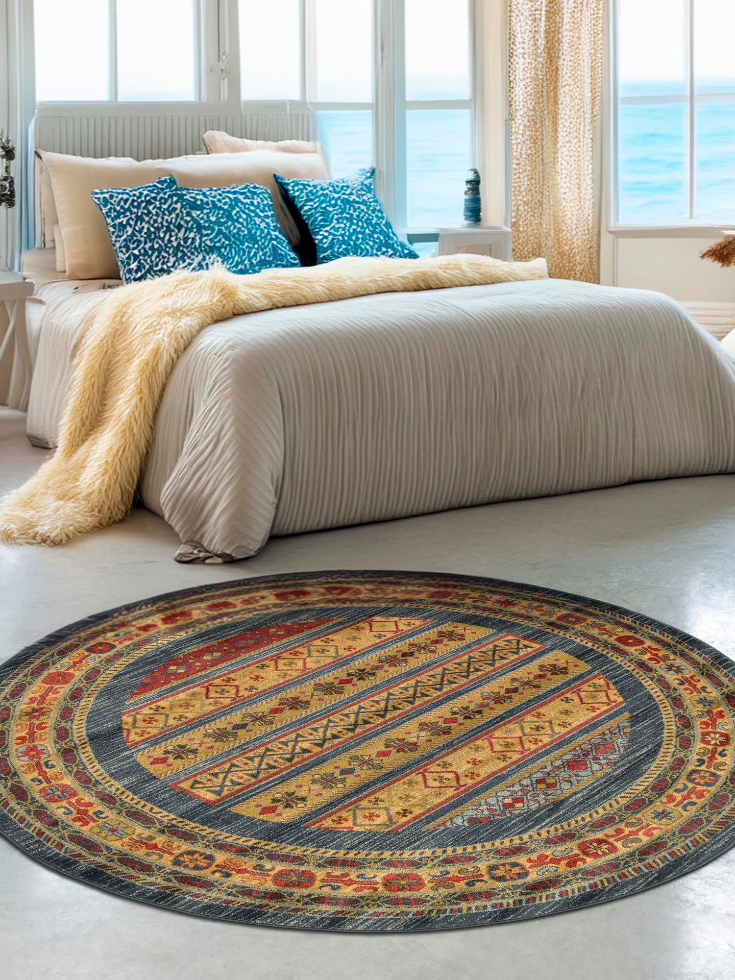 Blue 7' 10 x 7' 10 Fars Round Area Rug 100% Polypropylene Unique Traditional Carpet for Classical Living, Dining Room & Office Spaces for Sale at Rug Engine