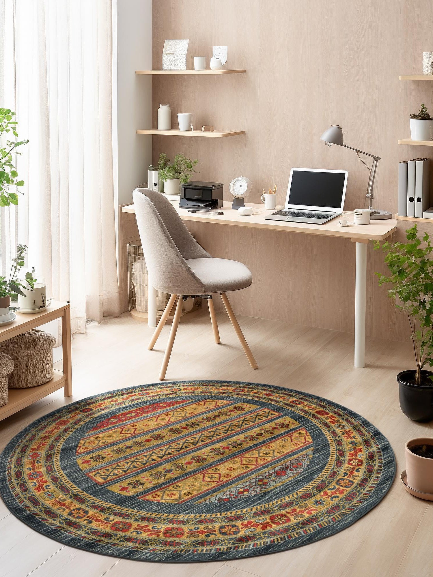 Blue 7' 10 x 7' 10 Fars Round Area Rug 100% Polypropylene Unique Traditional Carpet for Classical Living, Dining Room & Office Spaces for Sale at Rug Engine