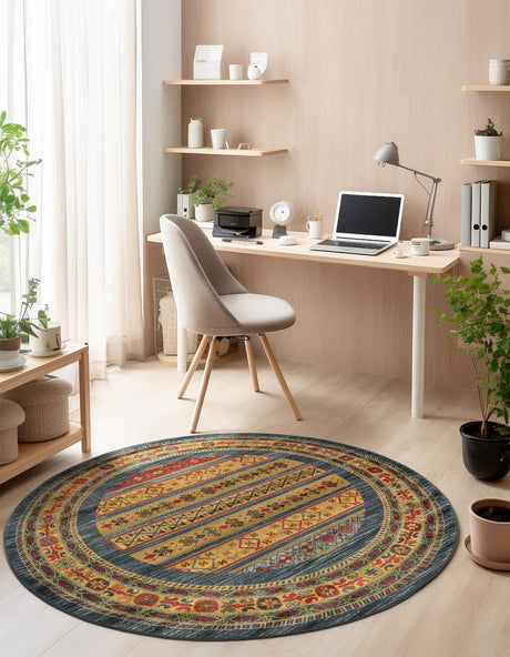Blue 6' 1 x 6' 1 Fars Round Area Rug 100% Polypropylene Unique Traditional Carpet for Classical Living, Dining Room & Office Spaces for Sale at Rug Engine