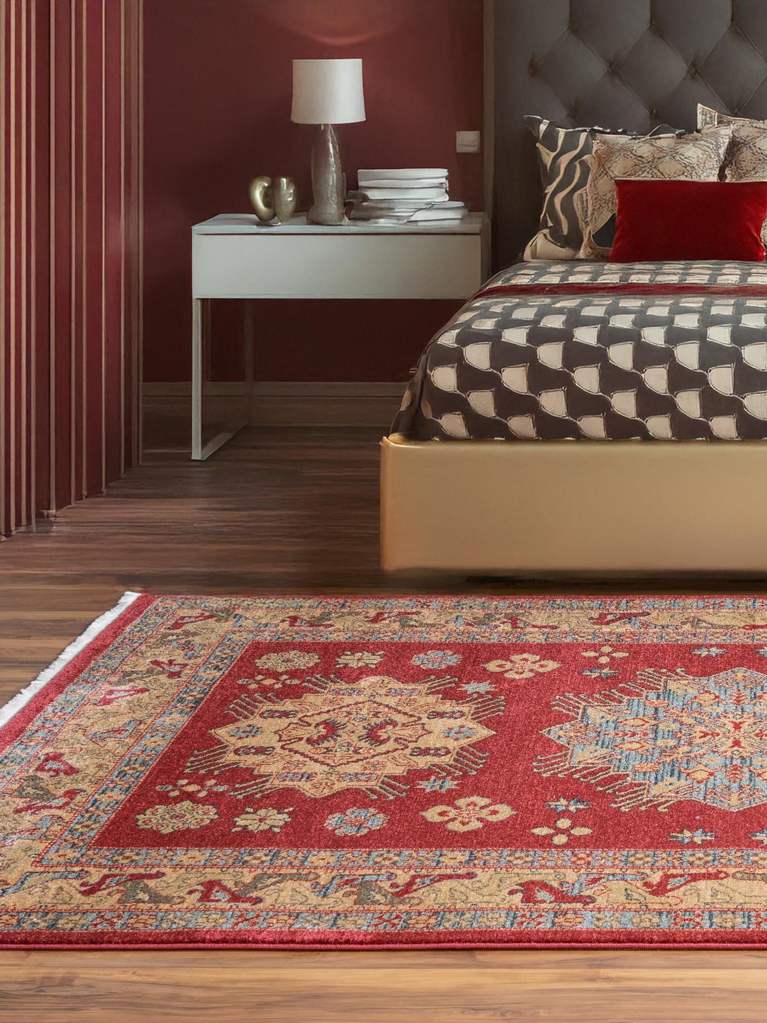 Red 3' 1 x 5' 3 Sahand Rectangle Area Rug Affordable Easy Clean Traditional Design Durable Carpet for Home Interior Design Living Room Dining Office for Sale at Rug Engine