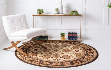 Cream 7' 10 x 7' 10 Voyage Round Area Rug Persian Inspired Classic Traditional Design Durable Carpet Mat for Home Interior Design for Sale at Rug Engine