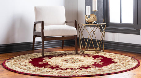 Red 7' 1 x 7' 1 Versailles Round Area Rug Classic Traditional Motif Indoor Carpet for Hallways, Dining Rooms, Bedrooms, Living Room, Office for Sale at Rug Engine