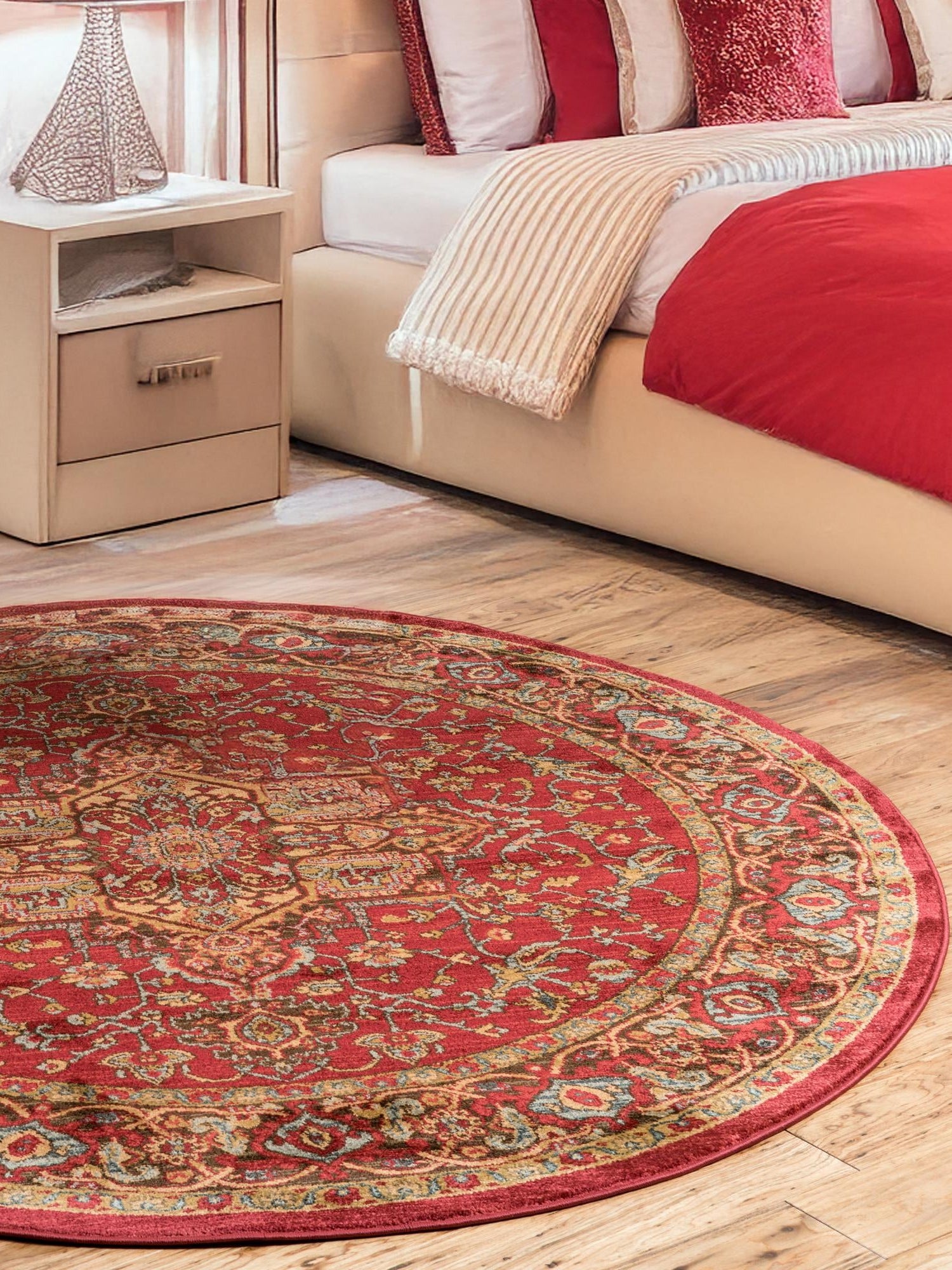 Red 6' 1 x 6' 1 Sahand Round Area Rug Affordable Easy Clean Traditional Design Durable Carpet for Home Interior Design Living Room Dining Office for Sale at Rug Engine