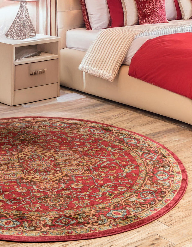 Red 6' 1 x 6' 1 Sahand Round Area Rug Affordable Easy Clean Traditional Design Durable Carpet for Home Interior Design Living Room Dining Office for Sale at Rug Engine