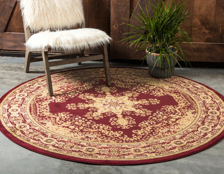 Red 7' 10 x 7' 10 Versailles Round Area Rug Classic Traditional Motif Indoor Carpet for Hallways, Dining Rooms, Bedrooms, Living Room, Office for Sale at Rug Engine