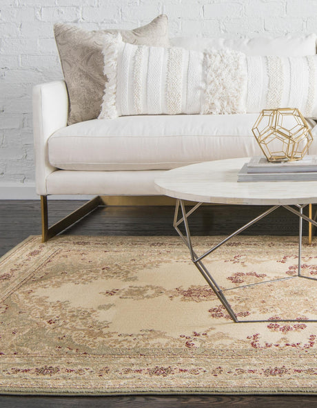 Cream 6' 1 x 9' Versailles Rectangle Area Rug Classic Traditional Motif Indoor Carpet for Hallways, Dining Rooms, Bedrooms, Living Room, Office for Sale at Rug Engine
