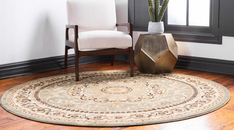 Light Green 7' 10 x 7' 10 Versailles Round Area Rug Classic Traditional Motif Indoor Carpet for Hallways, Dining Rooms, Bedrooms, Living Room, Office for Sale at Rug Engine