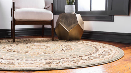 Light Green 7' 10 x 7' 10 Versailles Round Area Rug Classic Traditional Motif Indoor Carpet for Hallways, Dining Rooms, Bedrooms, Living Room, Office for Sale at Rug Engine