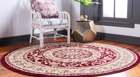 Red 7' 10 x 7' 10 Versailles Round Area Rug Classic Traditional Motif Indoor Carpet for Hallways, Dining Rooms, Bedrooms, Living Room, Office for Sale at Rug Engine