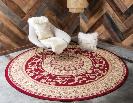 Red 6' 1 x 6' 1 Versailles Round Area Rug Classic Traditional Motif Indoor Carpet for Hallways, Dining Rooms, Bedrooms, Living Room, Office for Sale at Rug Engine