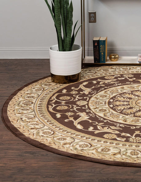 Brown 7' 10 x 7' 10 Versailles Round Area Rug Classic Traditional Motif Indoor Carpet for Hallways, Dining Rooms, Bedrooms, Living Room, Office for Sale at Rug Engine