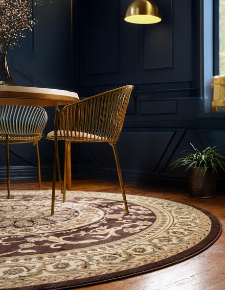 Brown 6' 1 x 6' 1 Versailles Round Area Rug Classic Traditional Motif Indoor Carpet for Hallways, Dining Rooms, Bedrooms, Living Room, Office for Sale at Rug Engine